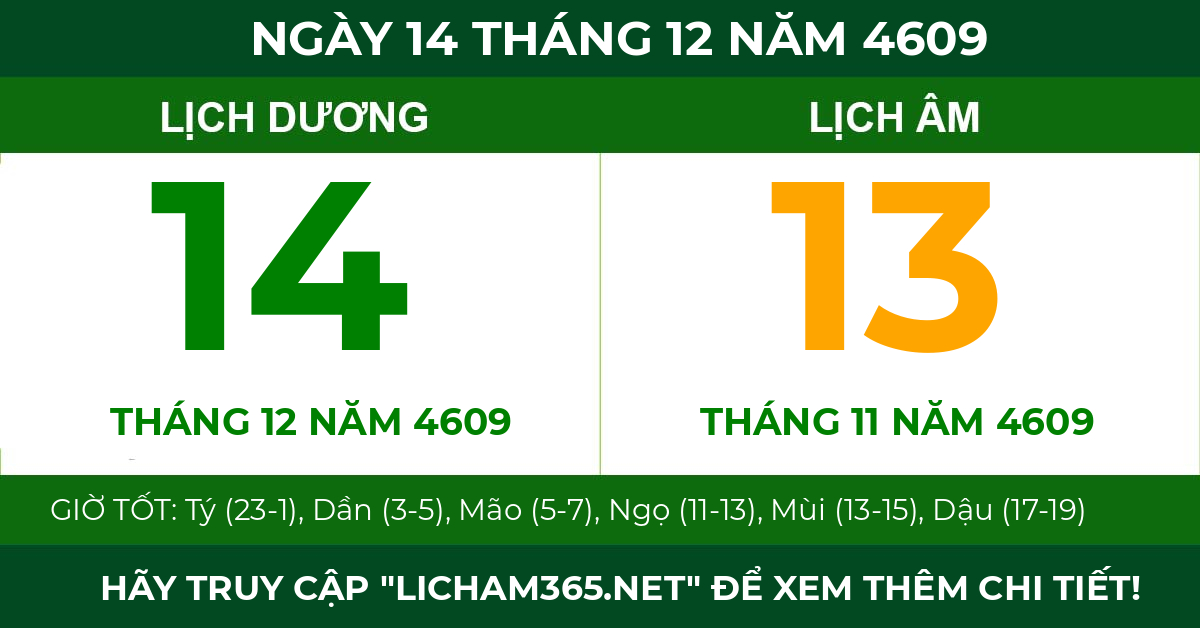 lịch âm ngày 14 tháng 12 năm 4609