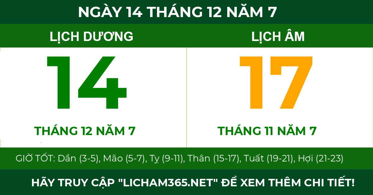lịch âm ngày 14 tháng 12 năm 7