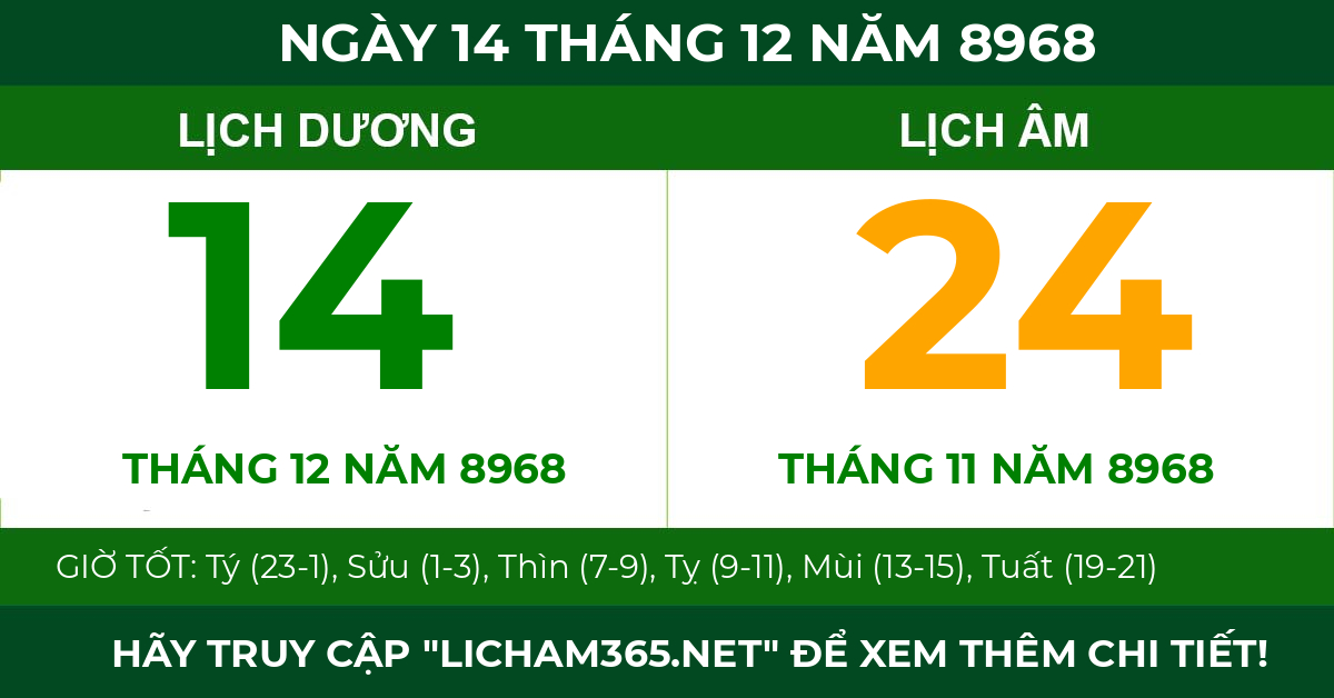 lịch âm ngày 14 tháng 12 năm 8968
