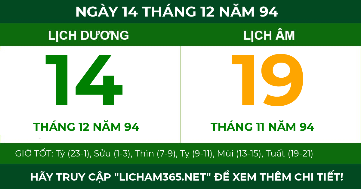 lịch âm ngày 14 tháng 12 năm 94