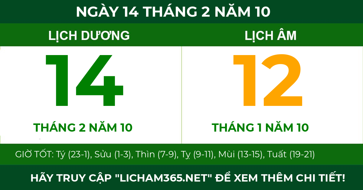 lịch âm ngày 14 tháng 2 năm 10