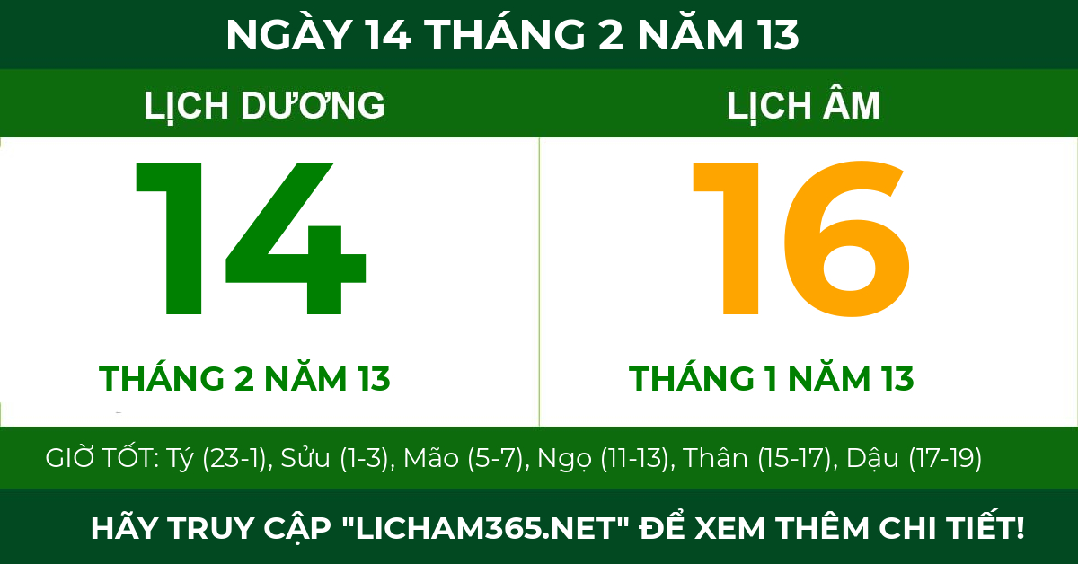 lịch âm ngày 14 tháng 2 năm 13