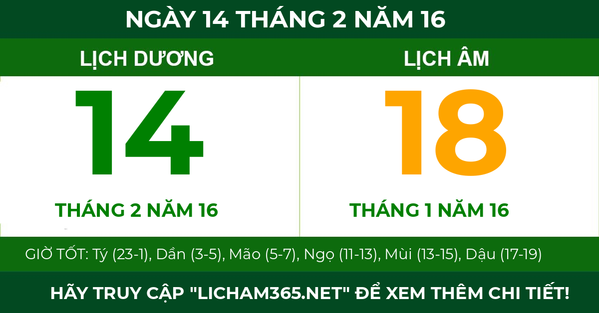 lịch âm ngày 14 tháng 2 năm 16