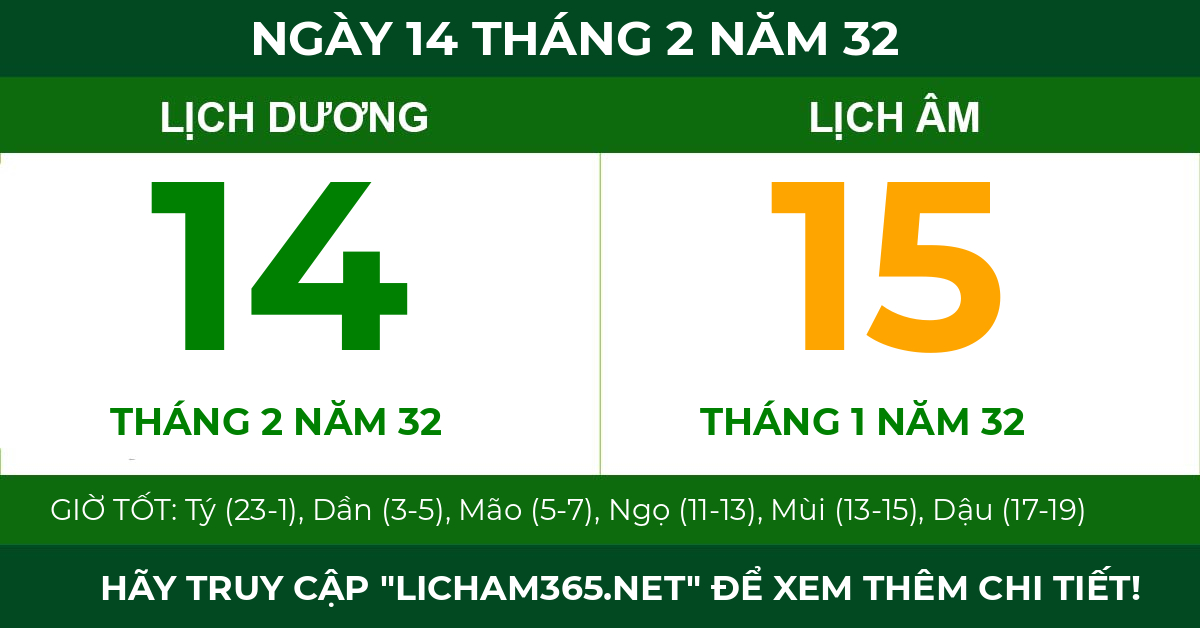 lịch âm ngày 14 tháng 2 năm 32