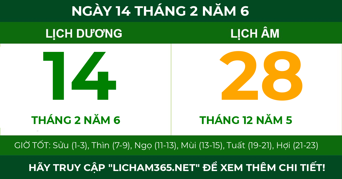 lịch âm ngày 14 tháng 2 năm 6