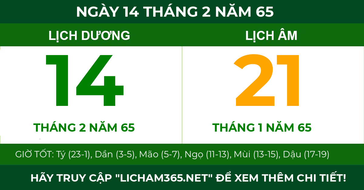 lịch âm ngày 14 tháng 2 năm 65