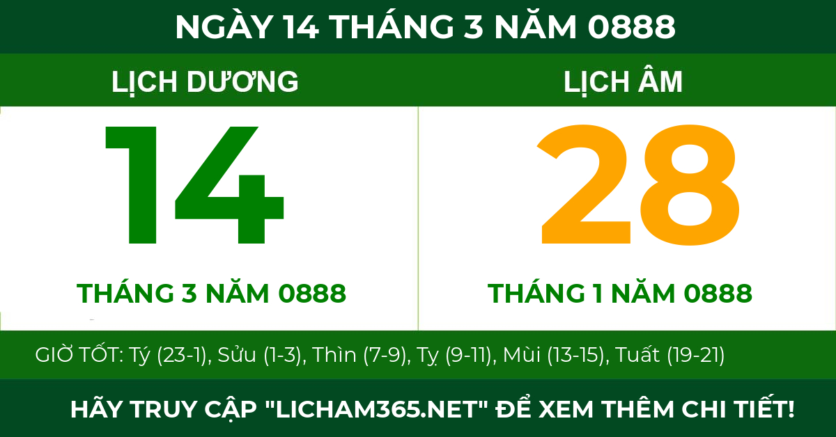 lịch âm ngày 14 tháng 3 năm 0888