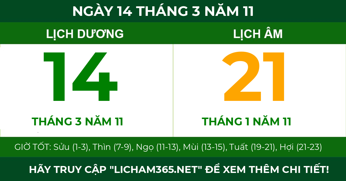 lịch âm ngày 14 tháng 3 năm 11
