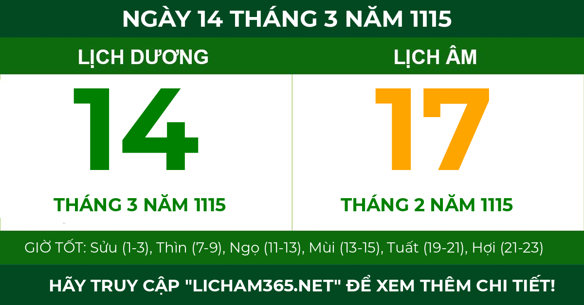 lịch âm ngày 14 tháng 3 năm 1115