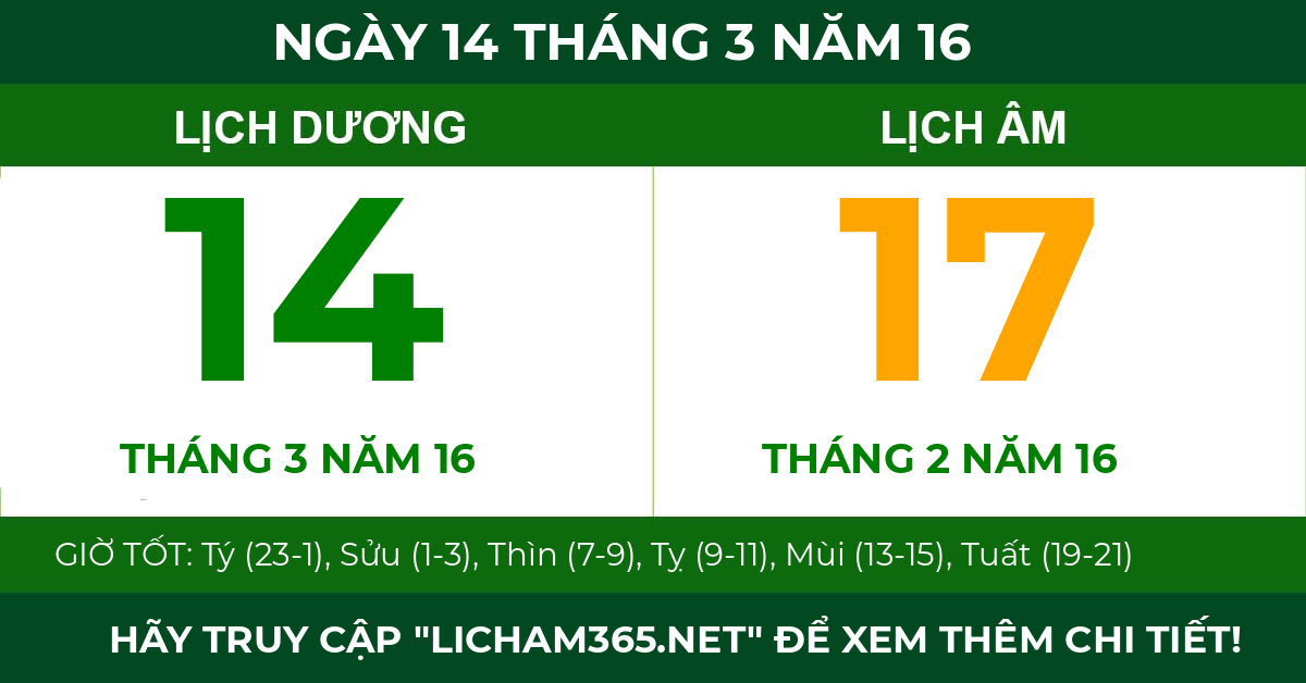 lịch âm ngày 14 tháng 3 năm 16