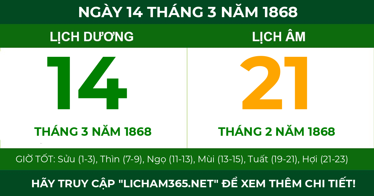 lịch âm ngày 14 tháng 3 năm 1868