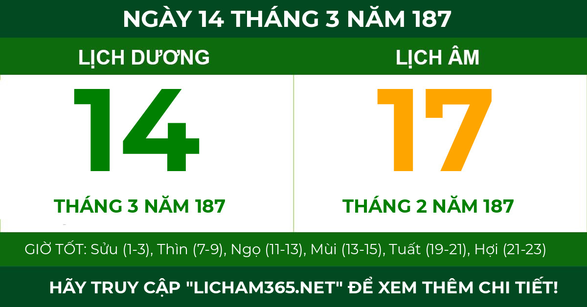 lịch âm ngày 14 tháng 3 năm 187