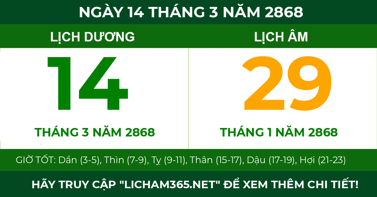 lịch âm ngày 14 tháng 3 năm 2868
