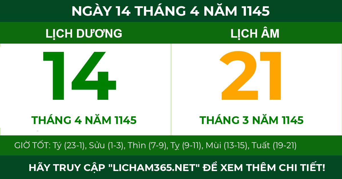 lịch âm ngày 14 tháng 4 năm 1145