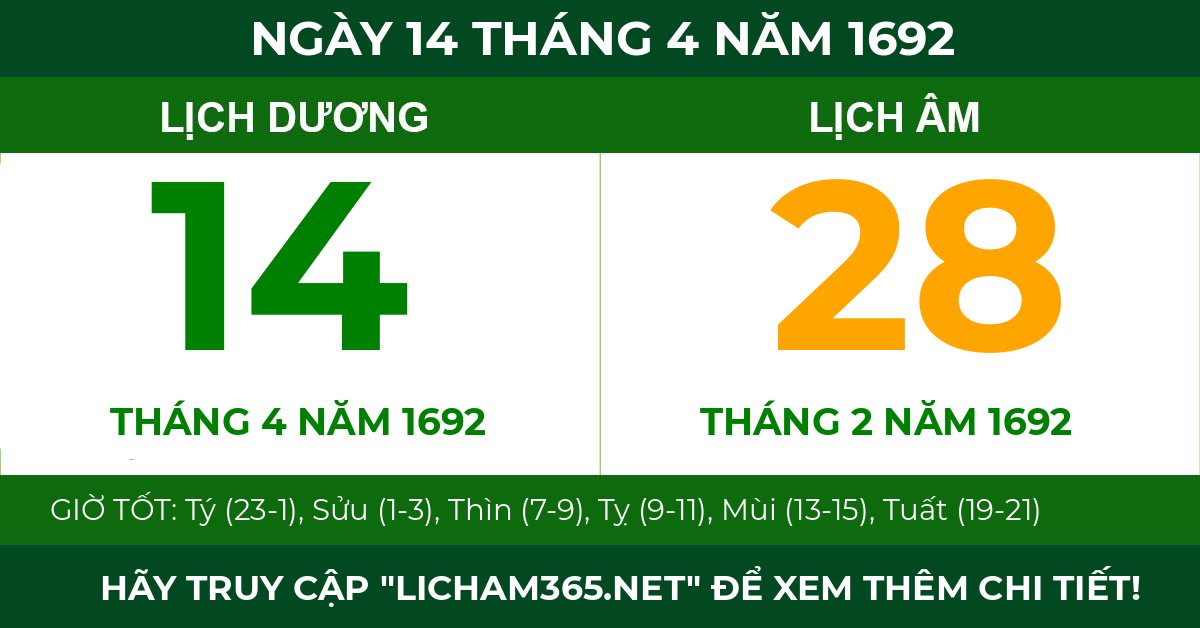 lịch âm ngày 14 tháng 4 năm 1692