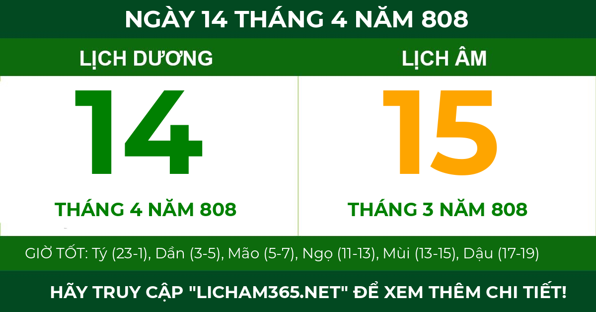 lịch âm ngày 14 tháng 4 năm 808