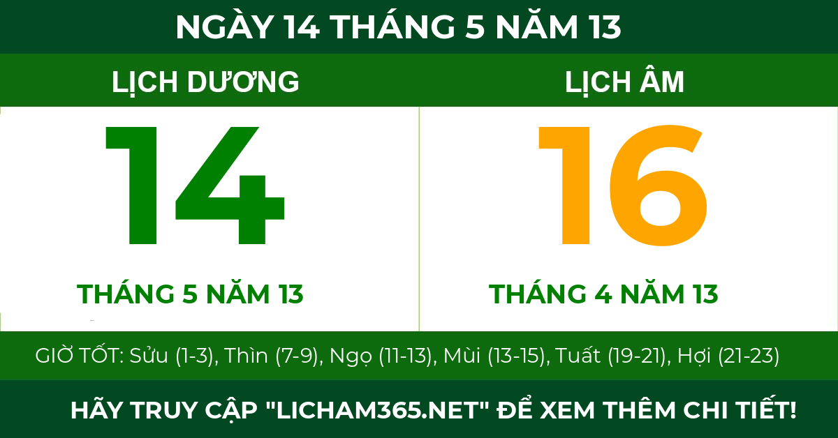 lịch âm ngày 14 tháng 5 năm 13