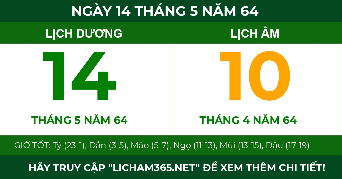 lịch âm ngày 14 tháng 5 năm 64