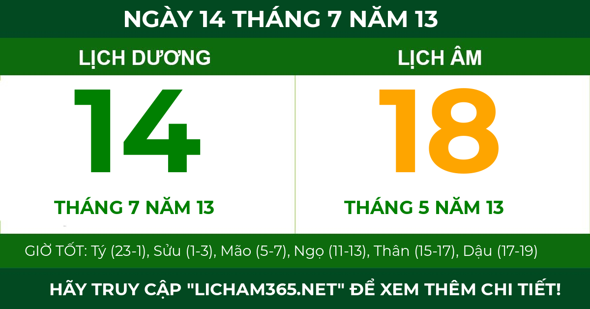lịch âm ngày 14 tháng 7 năm 13