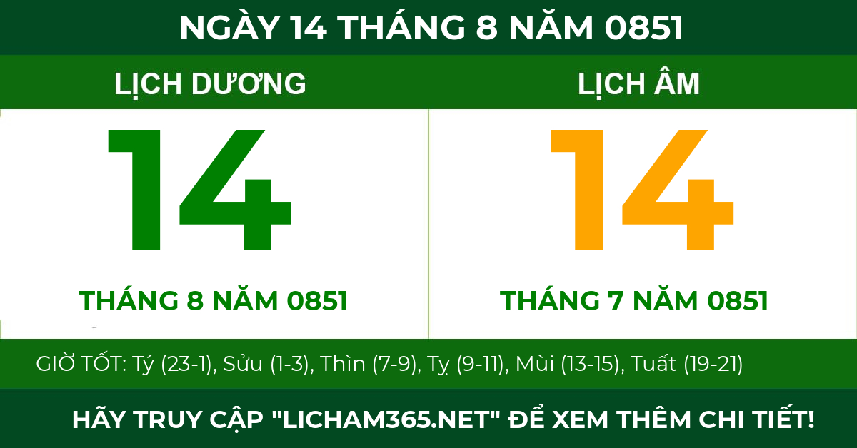 lịch âm ngày 14 tháng 8 năm 0851