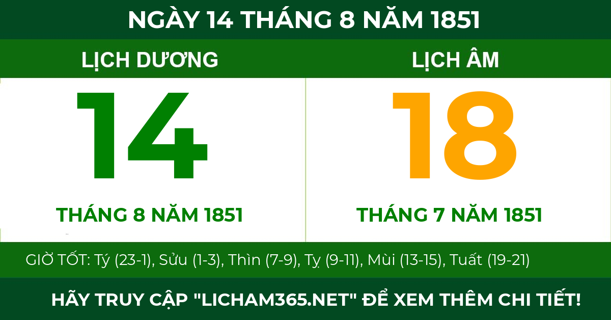 lịch âm ngày 14 tháng 8 năm 1851