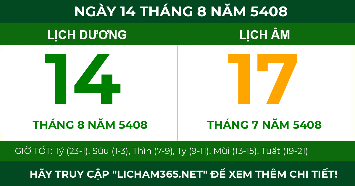 lịch âm ngày 14 tháng 8 năm 5408