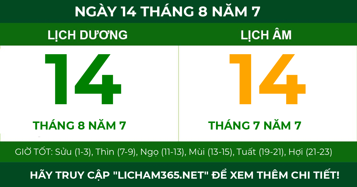lịch âm ngày 14 tháng 8 năm 7