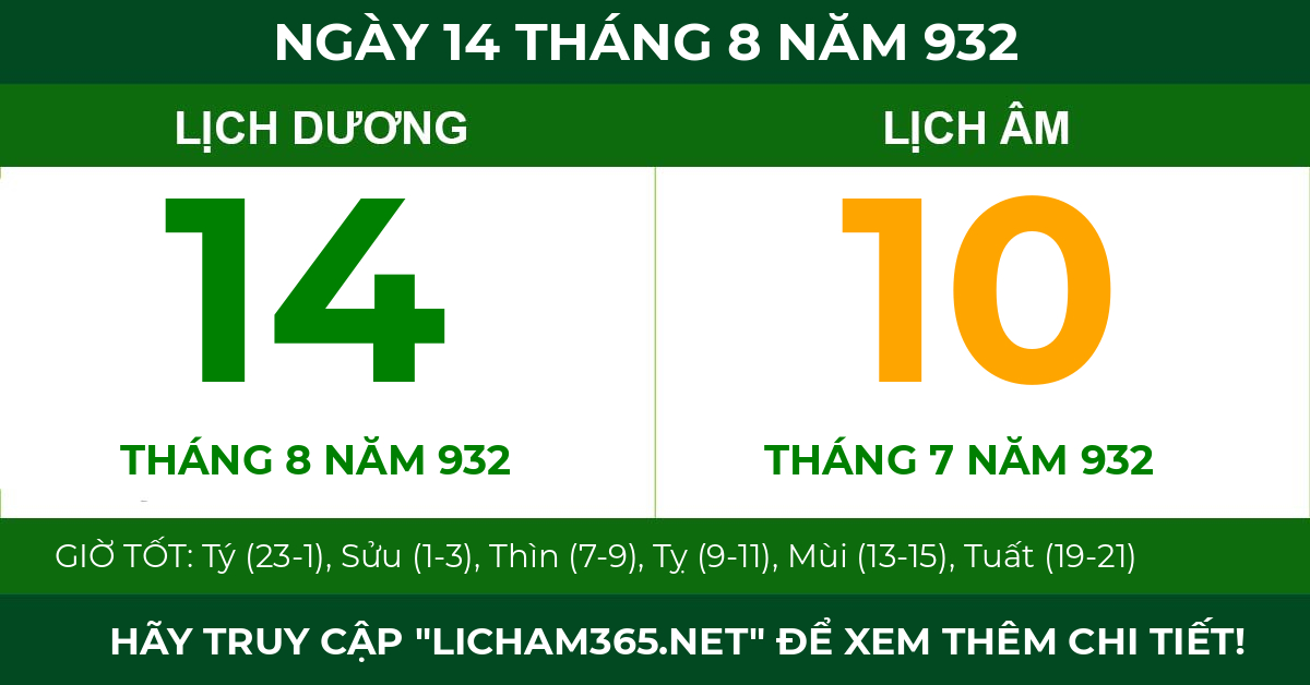 lịch âm ngày 14 tháng 8 năm 932