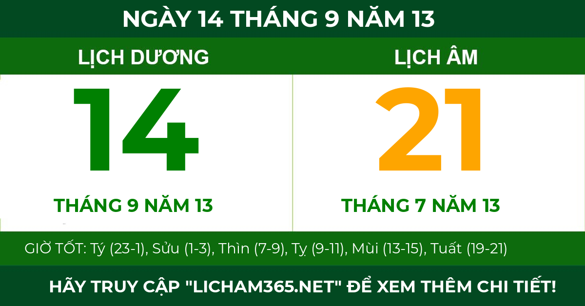 lịch âm ngày 14 tháng 9 năm 13