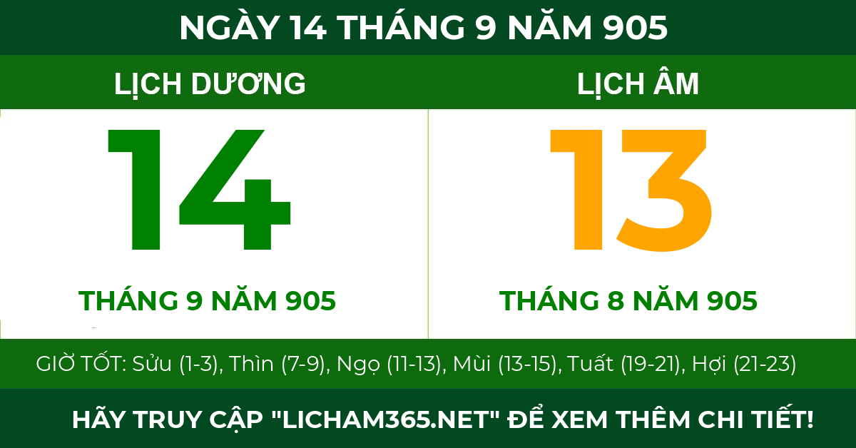 lịch âm ngày 14 tháng 9 năm 905