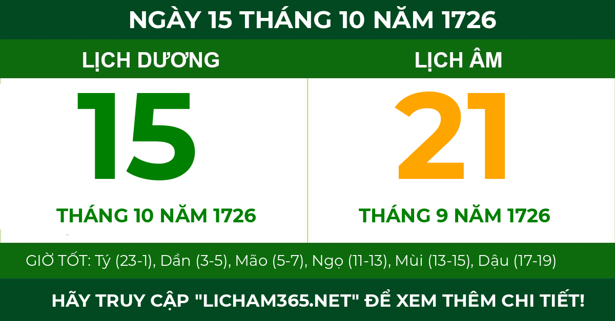 lịch âm ngày 15 tháng 10 năm 1726