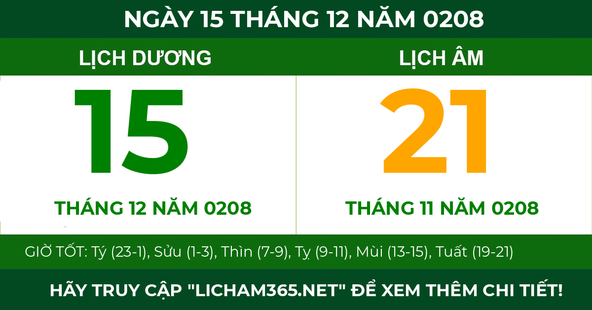lịch âm ngày 15 tháng 12 năm 0208