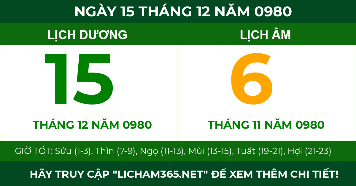 lịch âm ngày 15 tháng 12 năm 0980