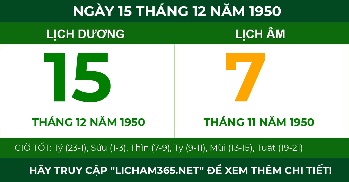 lịch âm ngày 15 tháng 12 năm 1950