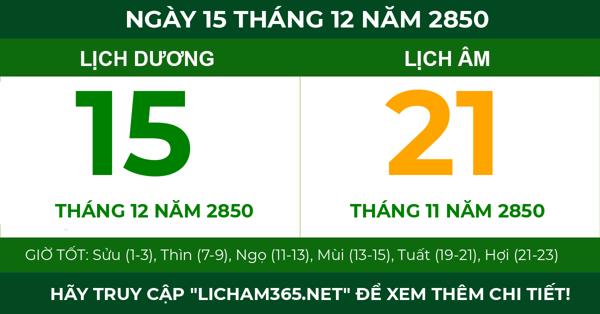 lịch âm ngày 15 tháng 12 năm 2850