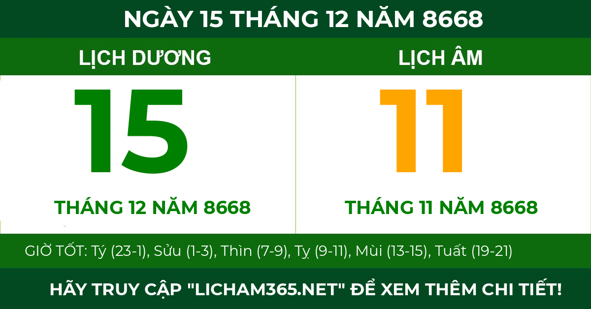 lịch âm ngày 15 tháng 12 năm 8668