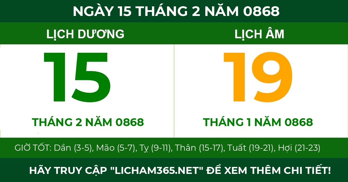 lịch âm ngày 15 tháng 2 năm 0868