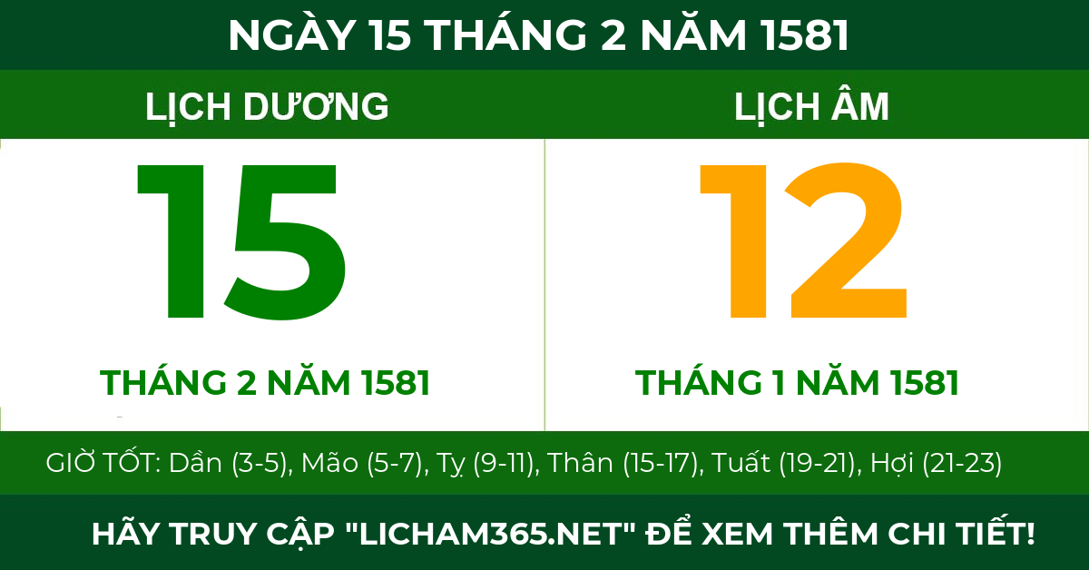 lịch âm ngày 15 tháng 2 năm 1581