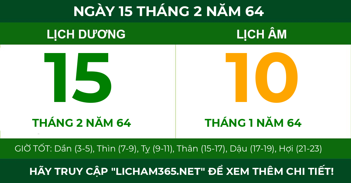 lịch âm ngày 15 tháng 2 năm 64