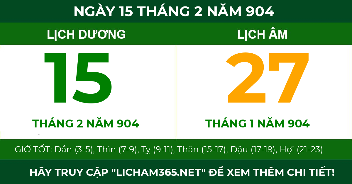 lịch âm ngày 15 tháng 2 năm 904
