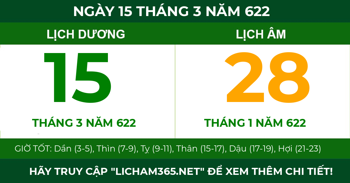 lịch âm ngày 15 tháng 3 năm 622