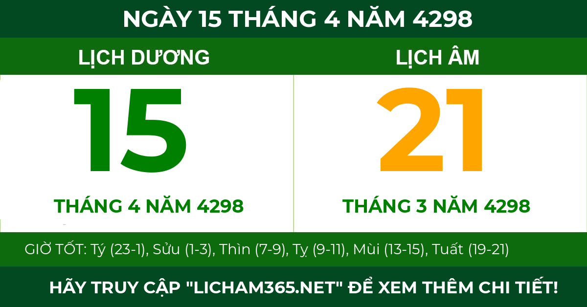 lịch âm ngày 15 tháng 4 năm 4298