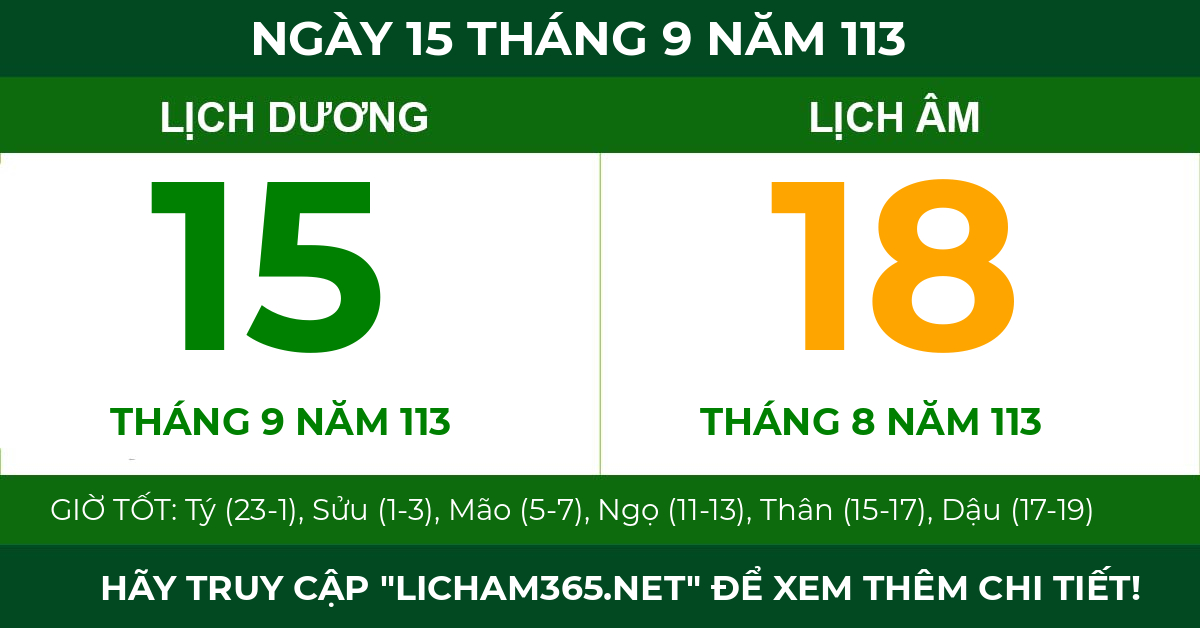 lịch âm ngày 15 tháng 9 năm 113