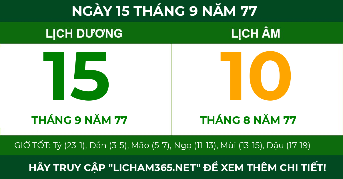 lịch âm ngày 15 tháng 9 năm 77