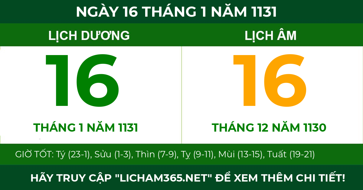 lịch âm ngày 16 tháng 1 năm 1131