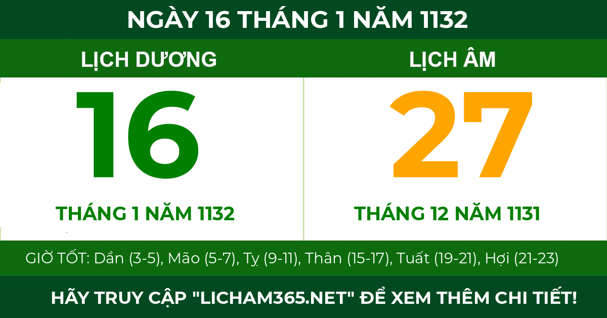 lịch âm ngày 16 tháng 1 năm 1132
