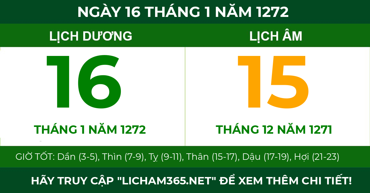 lịch âm ngày 16 tháng 1 năm 1272