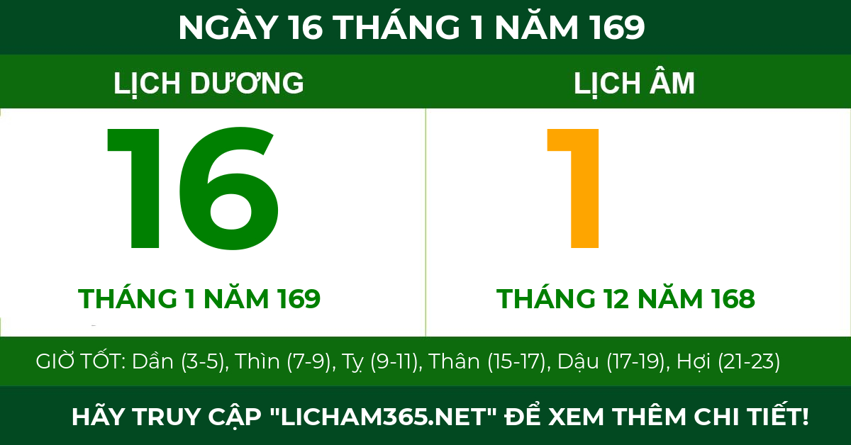 lịch âm ngày 16 tháng 1 năm 169