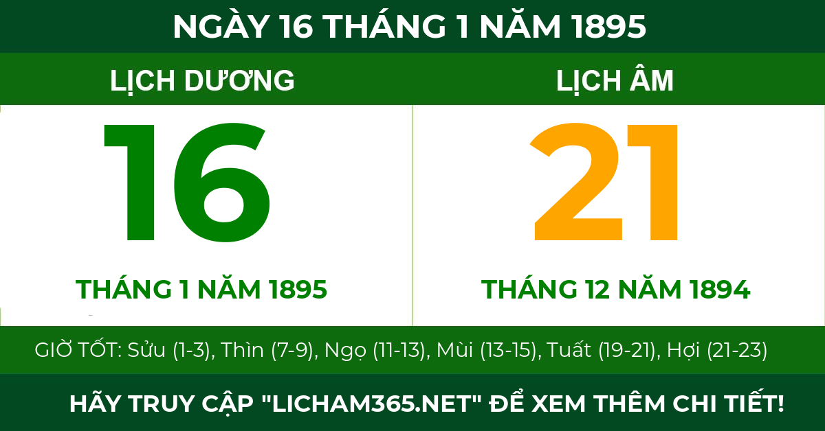 lịch âm ngày 16 tháng 1 năm 1895