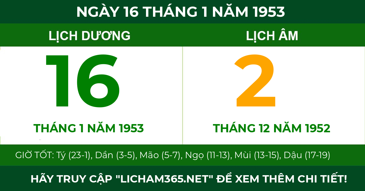 lịch âm ngày 16 tháng 1 năm 1953